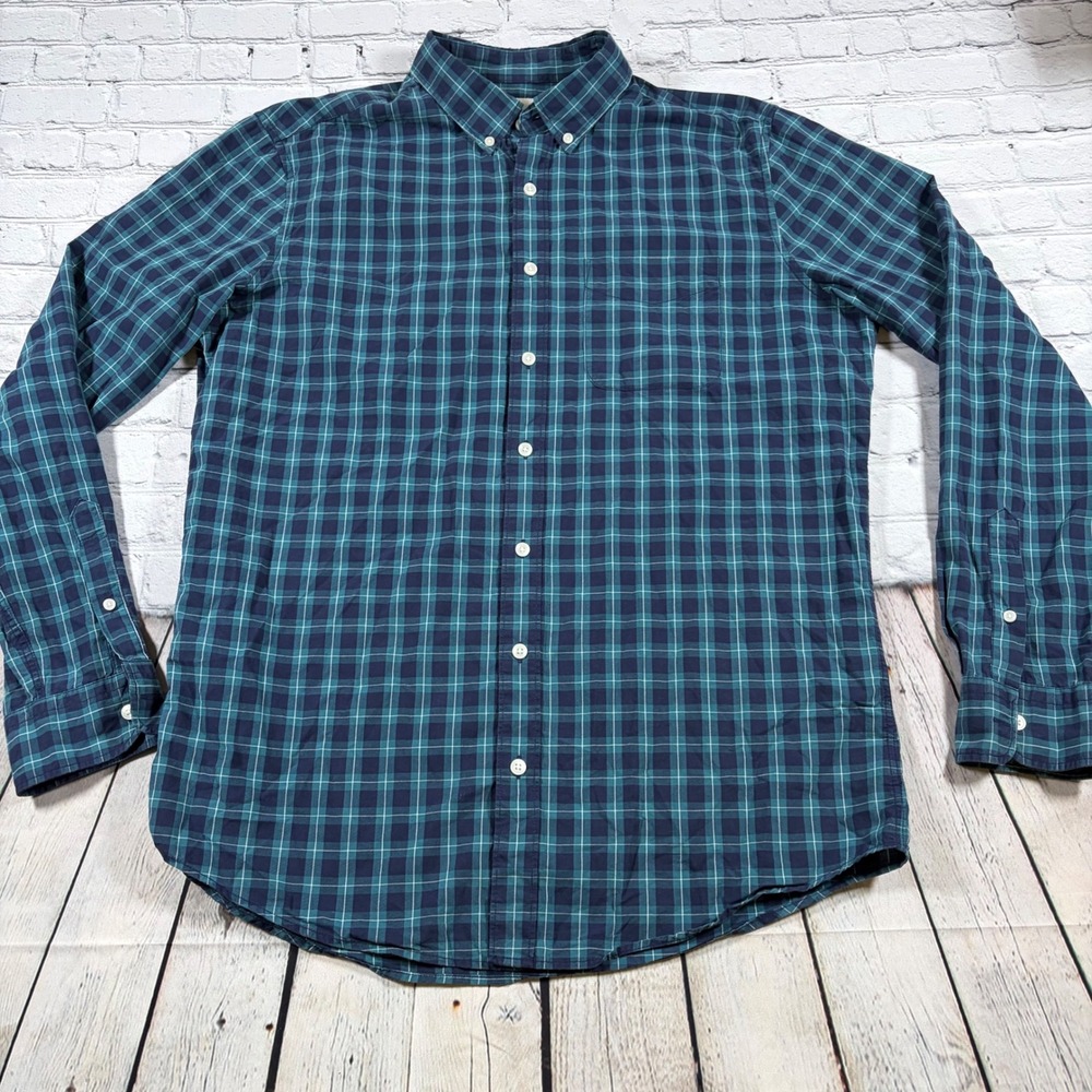 American Eagle Mens LT Tall Plaid Button Down Shirt Navy Teal Cotton Long Sleeve